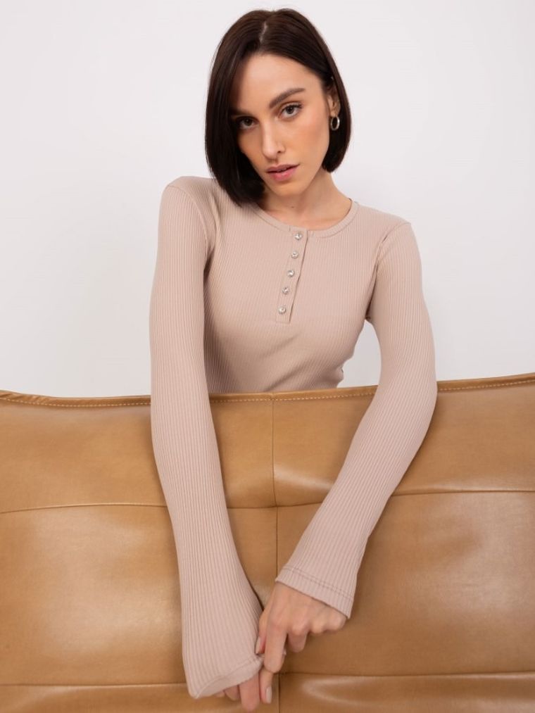 Bluzka damska z długim rękawem, prążkowana, beżowa, Basic Feel Good