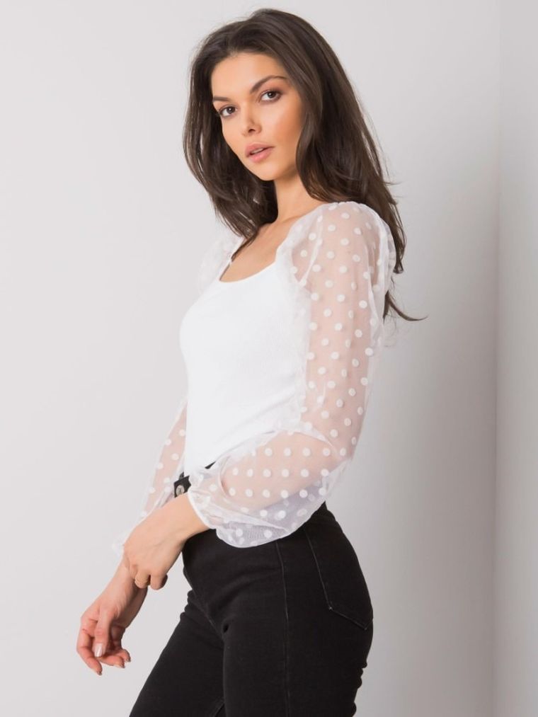 Bluzka damska z długim rękawem, prążkowana, biała, Rue Paris