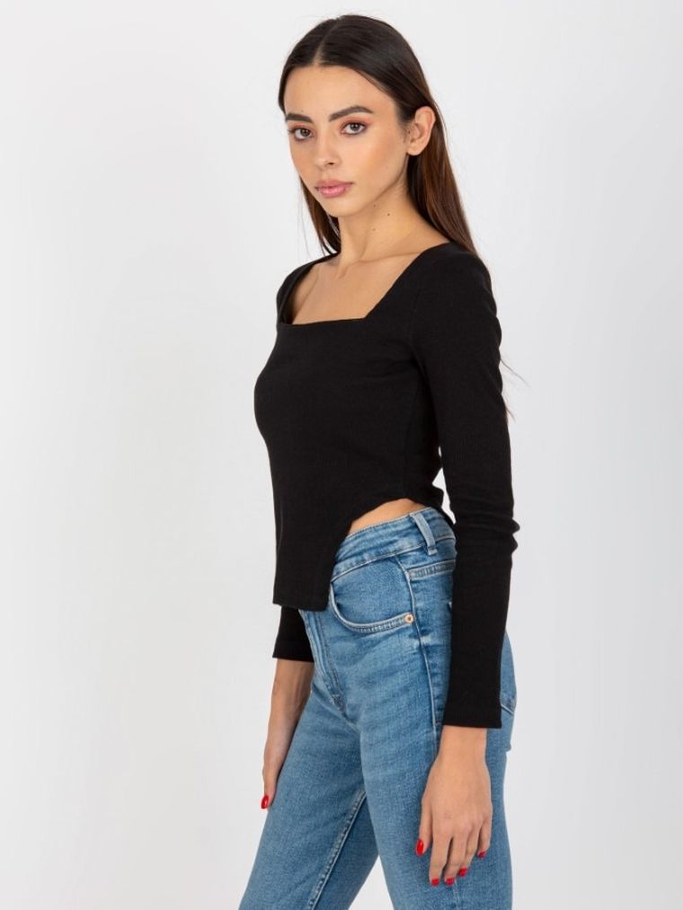 Bluzka damska z długim rękawem, prążkowana, czarna, Och Bella