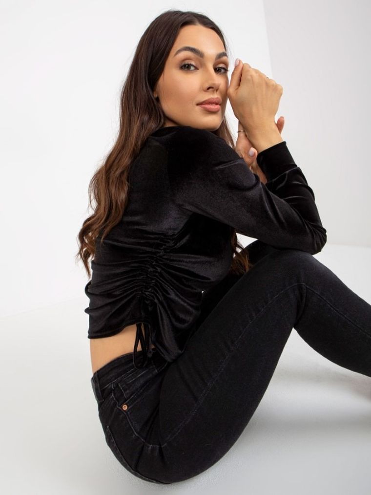 Bluzka damska z długim rękawem, welurowa, czarna, Lakerta