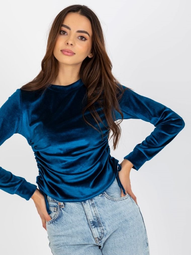 Bluzka damska z długim rękawem, welurowa, niebieska, Lakerta