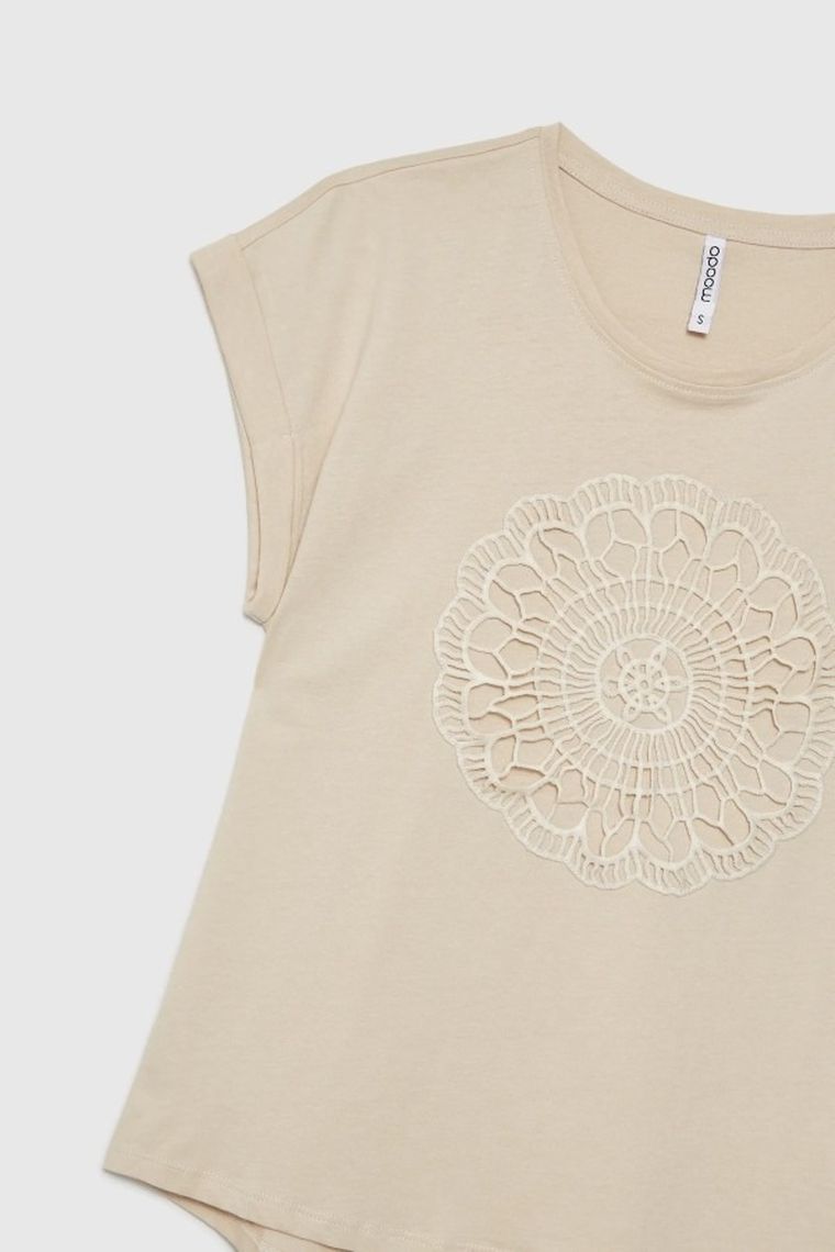 Bluzka damska z krótkim rękawem, beżowa, Moodo