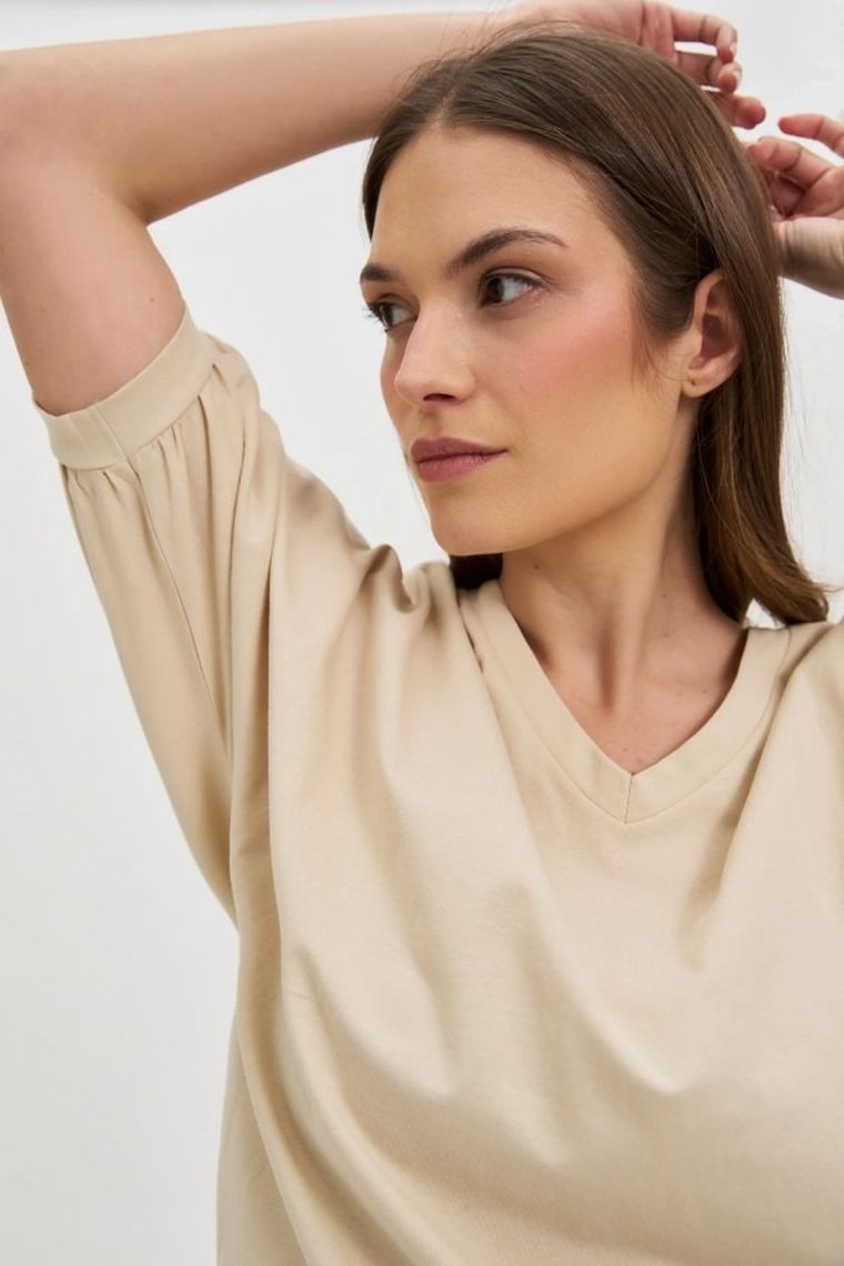 Bluzka damska z krótkim rękawem, beżowa, Moodo