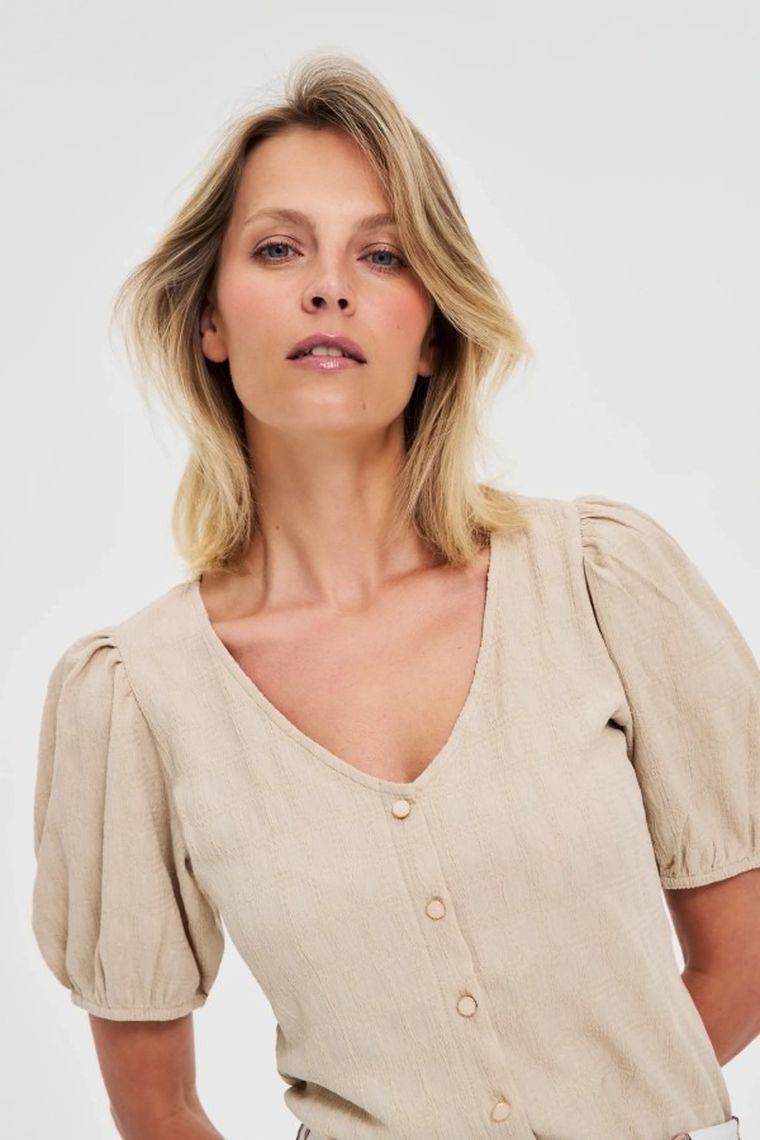 Bluzka damska z krótkim rękawem, beżowa, Moodo