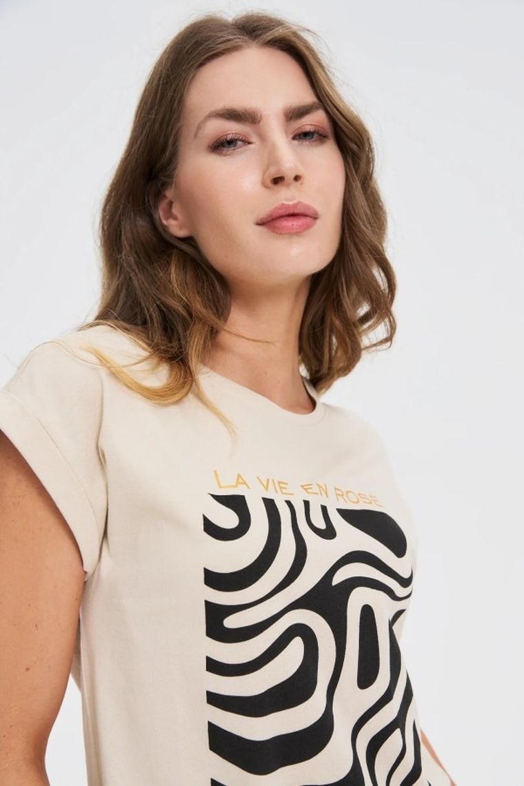 Bluzka damska z krótkim rękawem, beżowa, Moodo