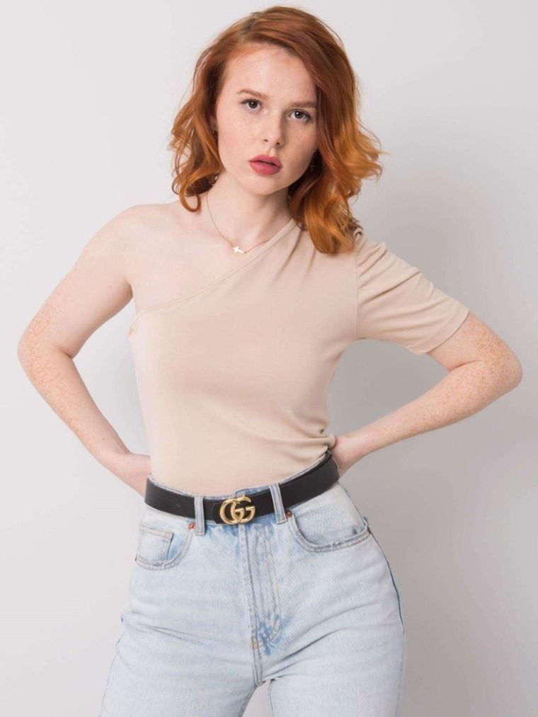 Bluzka damska z krótkim rękawem, beżowa, Rue Paris