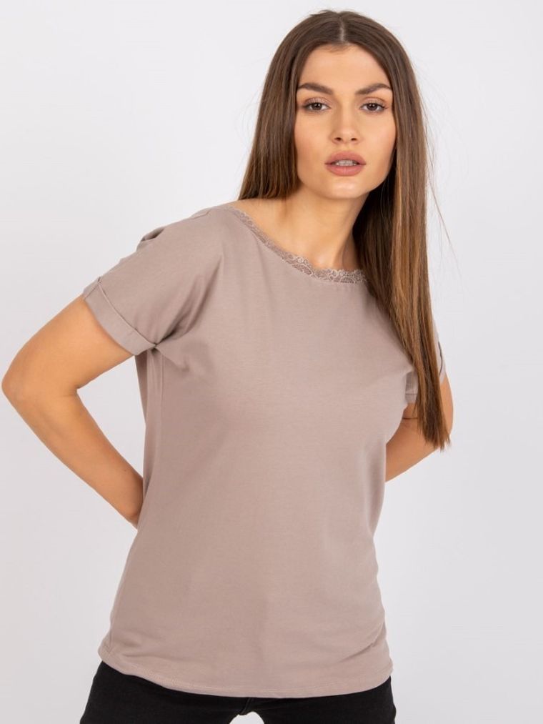 Bluzka damska z krótkim rękawem, beżowa, Rue Paris