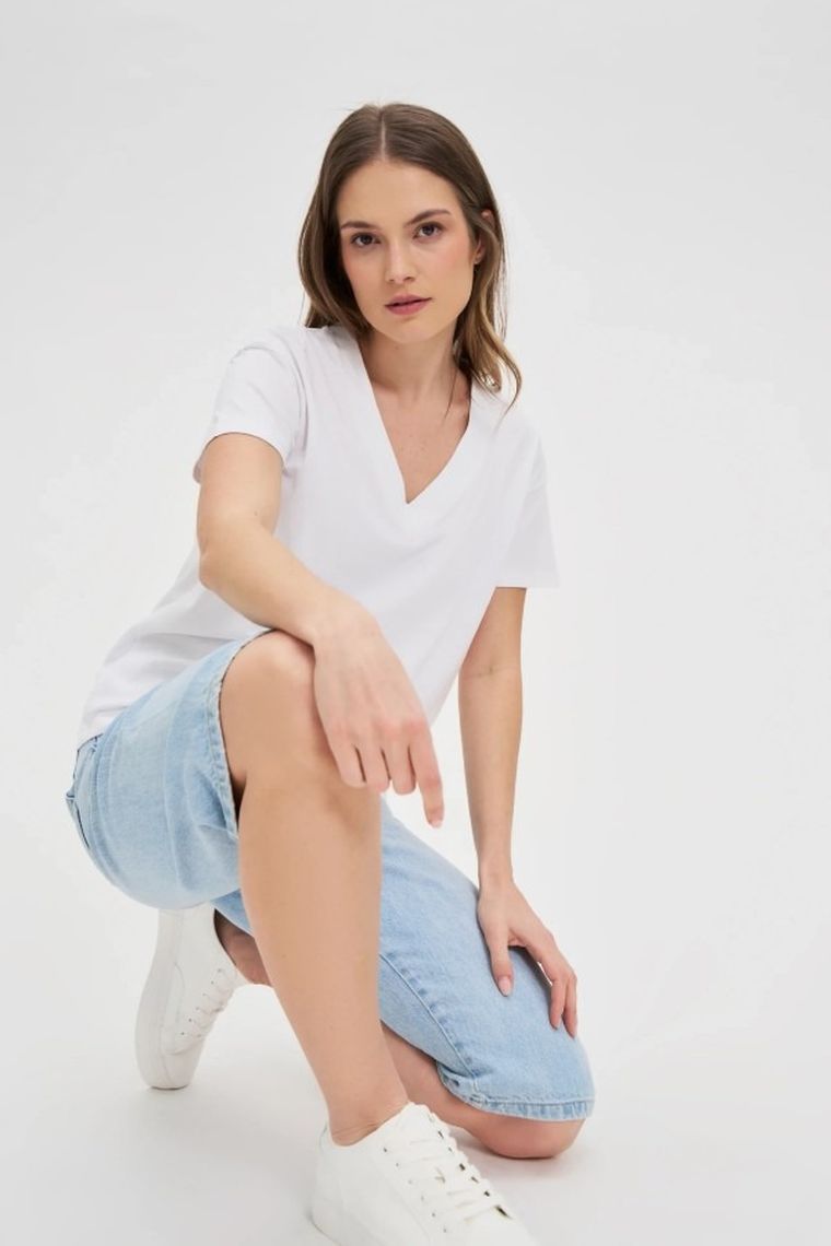 Bluzka damska z krótkim rękawem, biała, Moodo