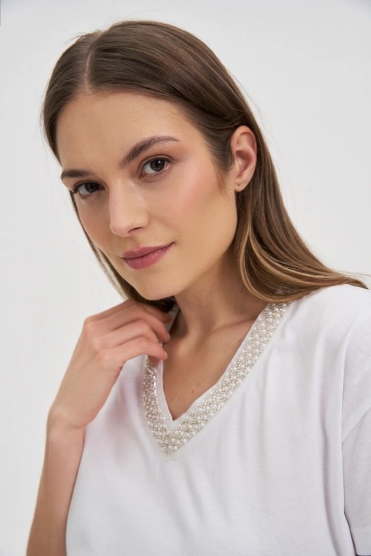 Bluzka damska z krótkim rękawem, biała, Moodo