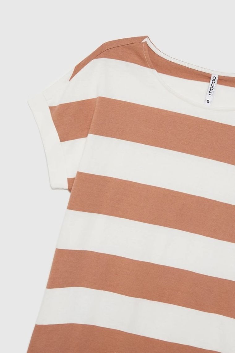 Bluzka damska z krótkim rękawem, biało-brązowa, Moodo