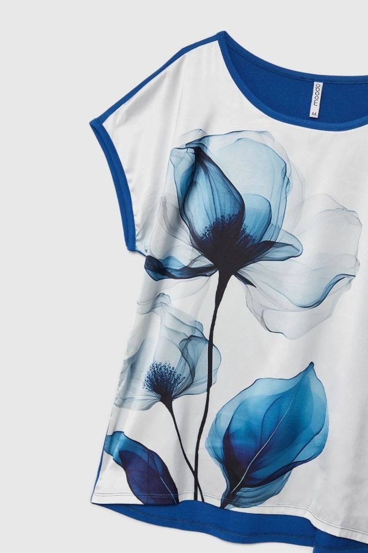 Bluzka damska z krótkim rękawem, biało-niebieska, Moodo