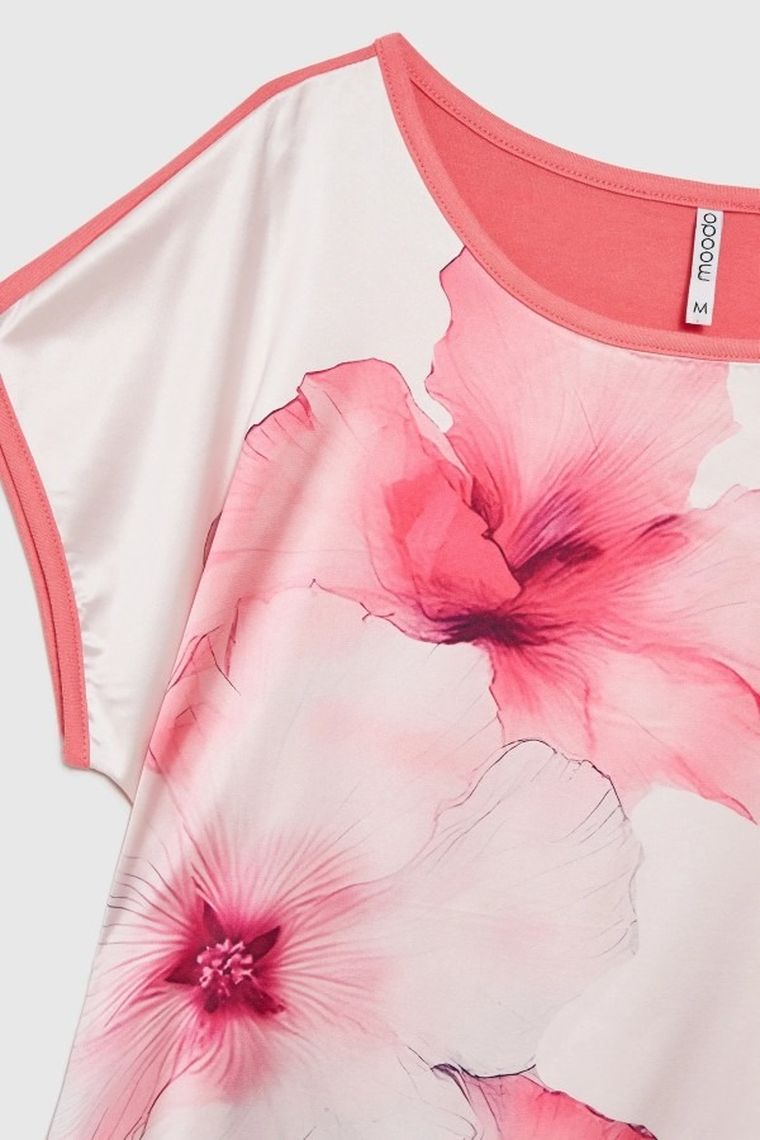 Bluzka damska z krótkim rękawem, biało-różowa, Moodo