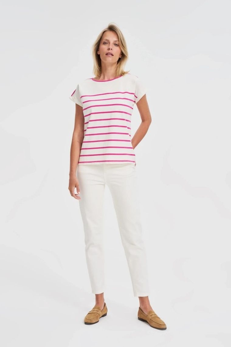 Bluzka damska z krótkim rękawem, biało-różowa, Moodo