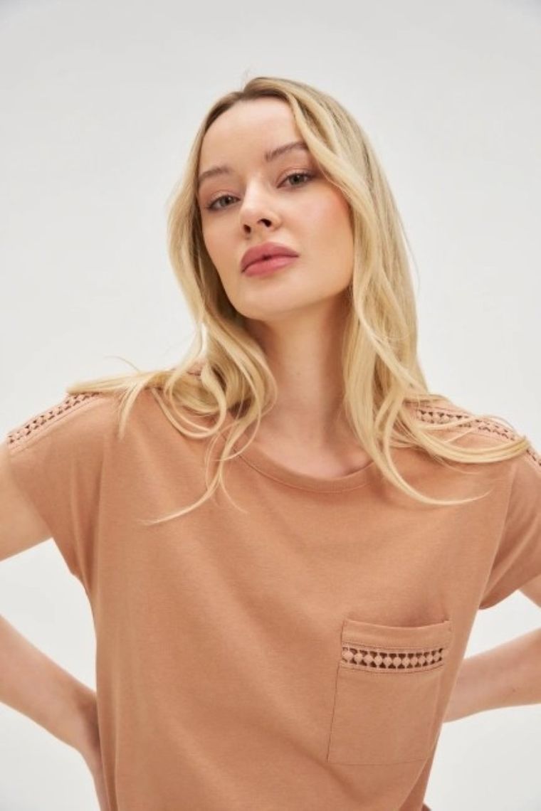 Bluzka damska z krótkim rękawem, brązowa, Moodo