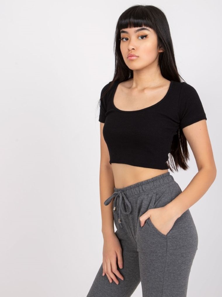Bluzka damska z krótkim rękawem, crop top, czarna, Rue Paris