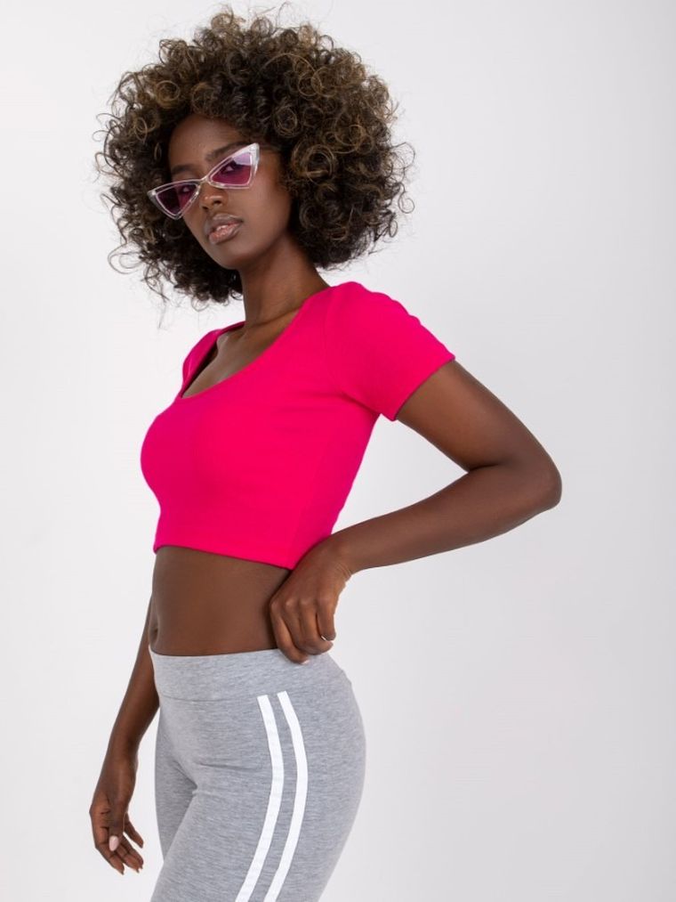 Bluzka damska z krótkim rękawem, crop top, różowa, Rue Paris