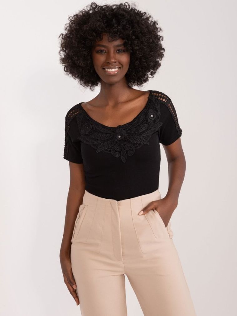 Bluzka damska z krótkim rękawem, czarna, Ambitionfly