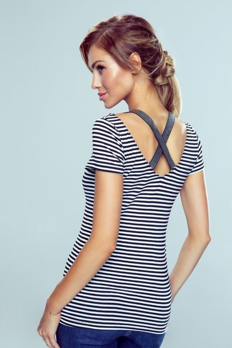 Bluzka damska z krótkim rękawem, czarno-biała, Meg, Eldar