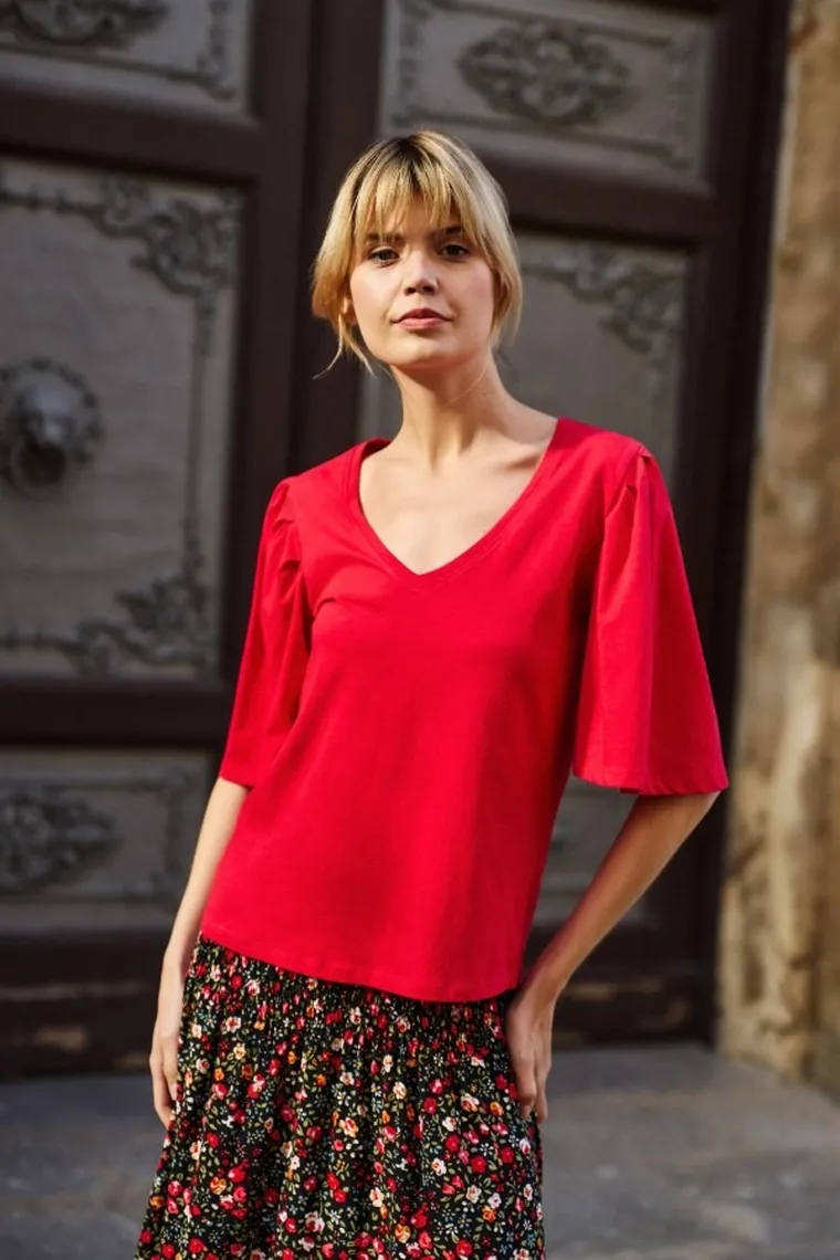 Bluzka damska z krótkim rękawem, czerwona, Moodo