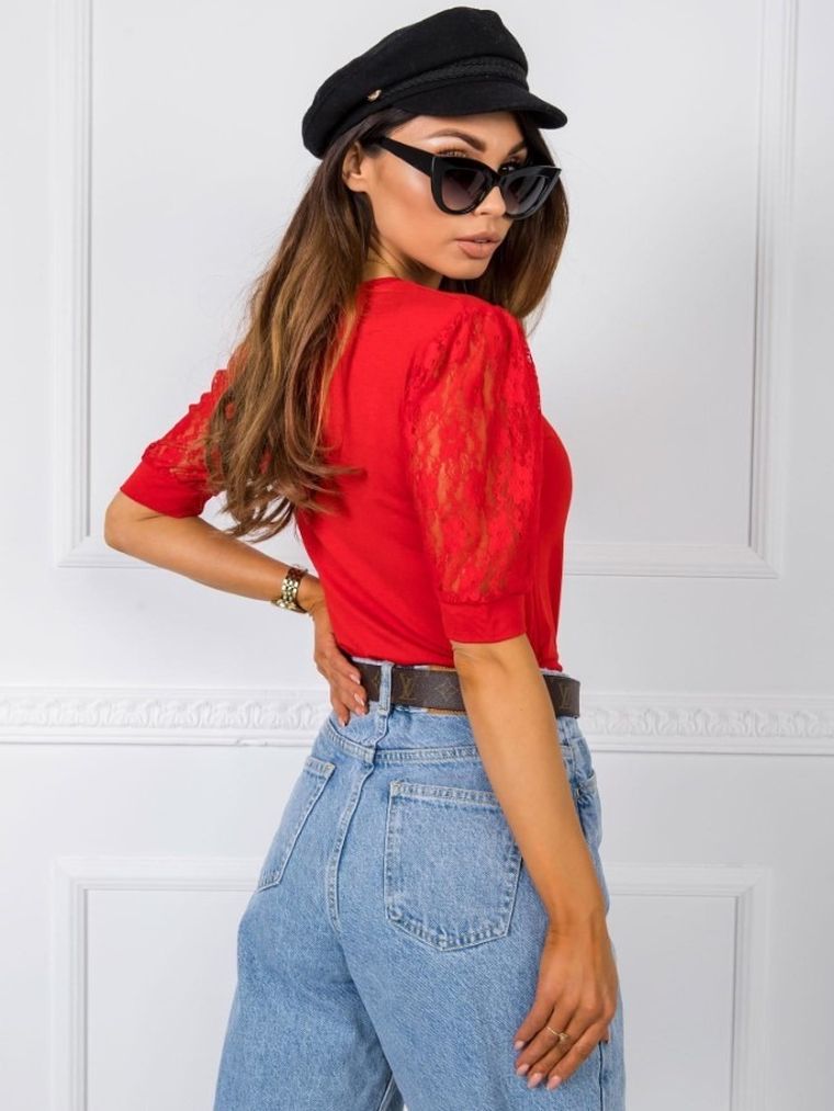 Bluzka damska z krótkim rękawem, czerwona, Rue Paris