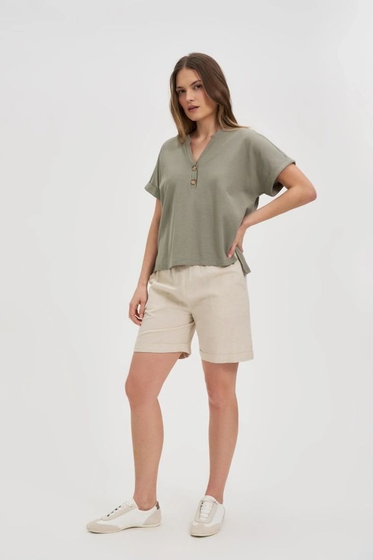Bluzka damska z krótkim rękawem, khaki, Moodo