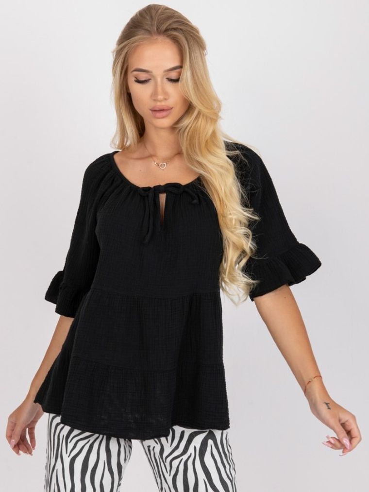 Bluzka damska z krótkim rękawem, oversize, czarna, Och Bella