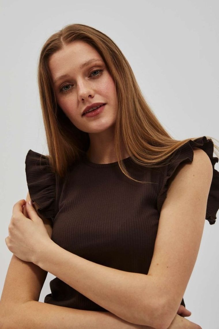 Bluzka damska z krótkim rękawem, prążkowana, brązowa, Moodo