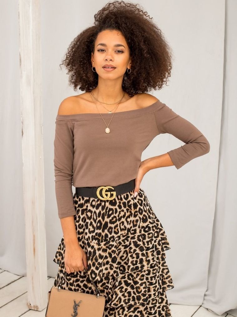 Bluzka damska z rękawem 3/4, brązowa, Basic Feel Good