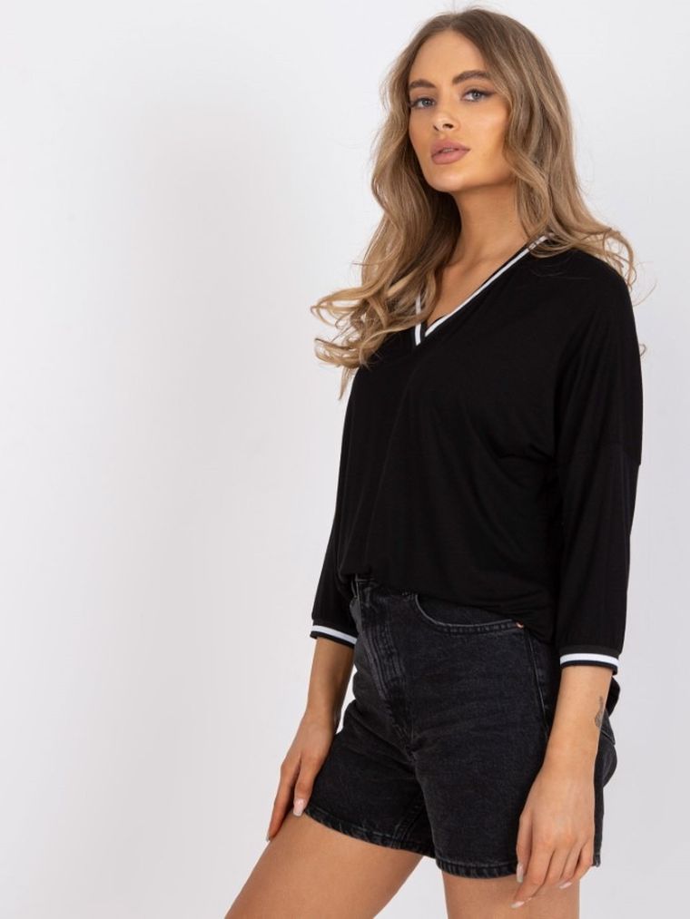 Bluzka damska z rękawem 3/4, czarna, Basic Feel Good