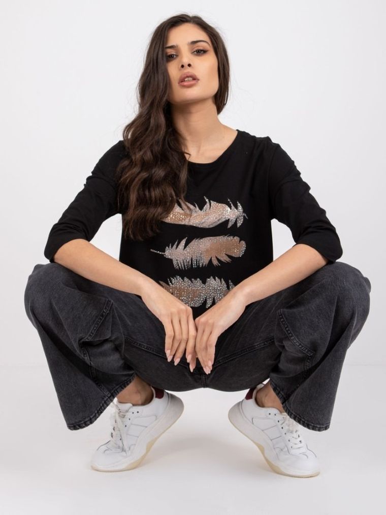 Bluzka damska z rękawem 3/4, czarna, Relevance