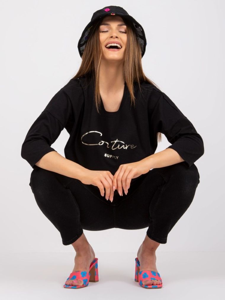 Bluzka damska z rękawem 3/4, czarna, Relevance