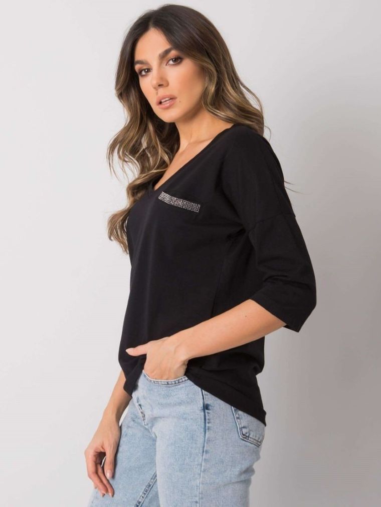 Bluzka damska z rękawem 3/4, czarna, Rue Paris