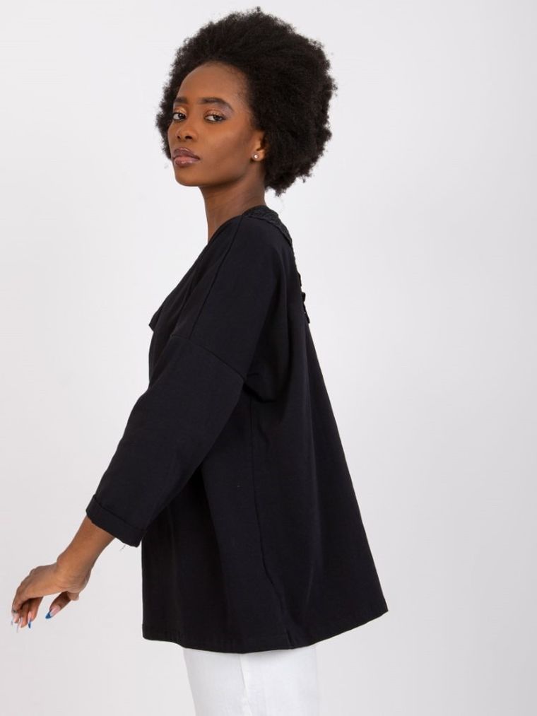 Bluzka damska z rękawem 3/4, czarna, Rue Paris