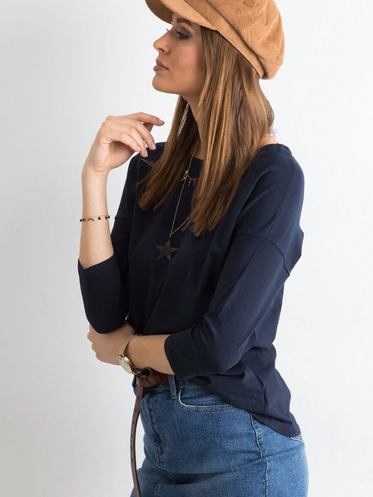 Bluzka damska z rękawem 3/4, granatowa, Basic Feel Good