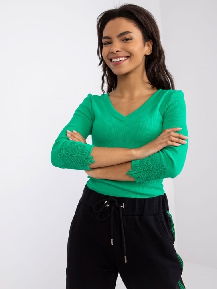 Bluzka damska z rękawem 3/4, zielona, Rue Paris