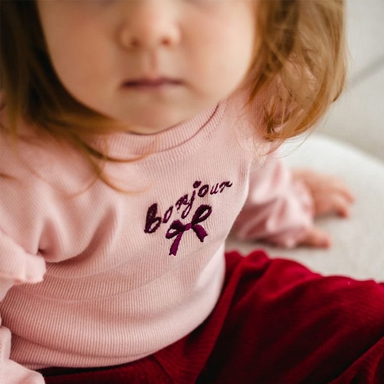 Bluzka dziewczęca z długim rękawem, prążkowana, różowa, Eevi