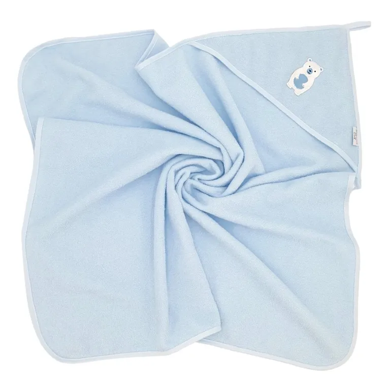 Bocioland, Miś polarny, bawełniane okrycie kąpielowe, ręcznik z kapturkiem, niebieskie, 100-100 cm