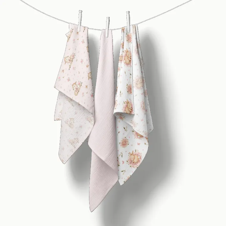 Bocioland, pieluszki muślinowe, marszczone, różowe, 70-70 cm, 3 szt.
