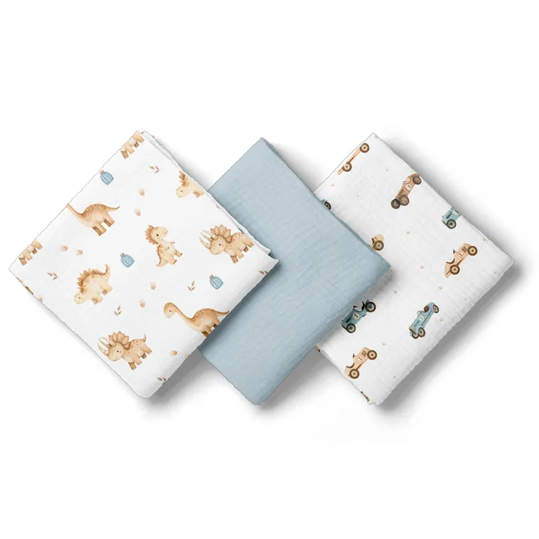 Bocioland, pieluszki muślinowe, niebieskie, 70-70 cm, 3 szt.