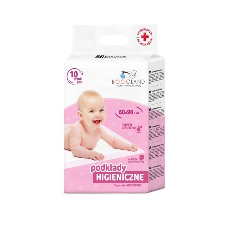 Bocioland, podkład higieniczny samoprzylepny, superchłonny, 60-90 cm, 30 szt.