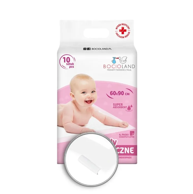 Bocioland, wielofunkcyjne podkłady higieniczne z przylepcem, jednorazowe, 90-60 cm, 10 szt.