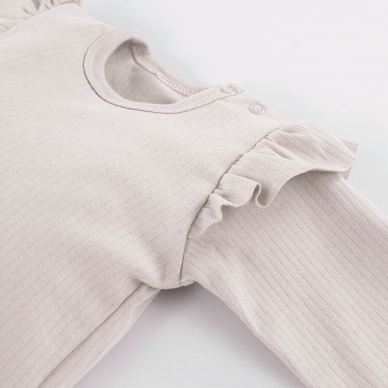 Body dziewczęce z długim rękawem, prążkowane, beżowe, Eevi