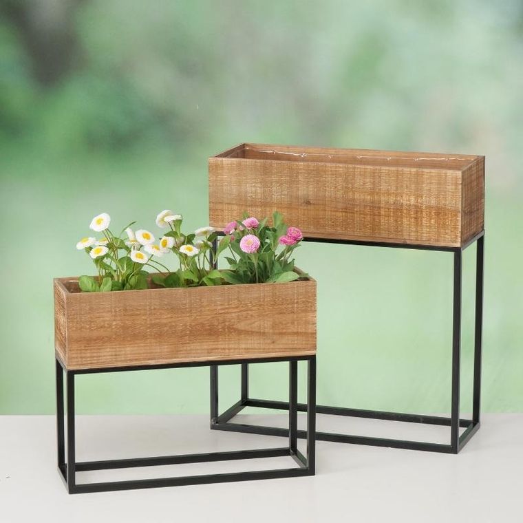 Boltze, Aneta, zestaw metalowych kwietników z drewnianą skrzynią, wys. 40-59,5 cm