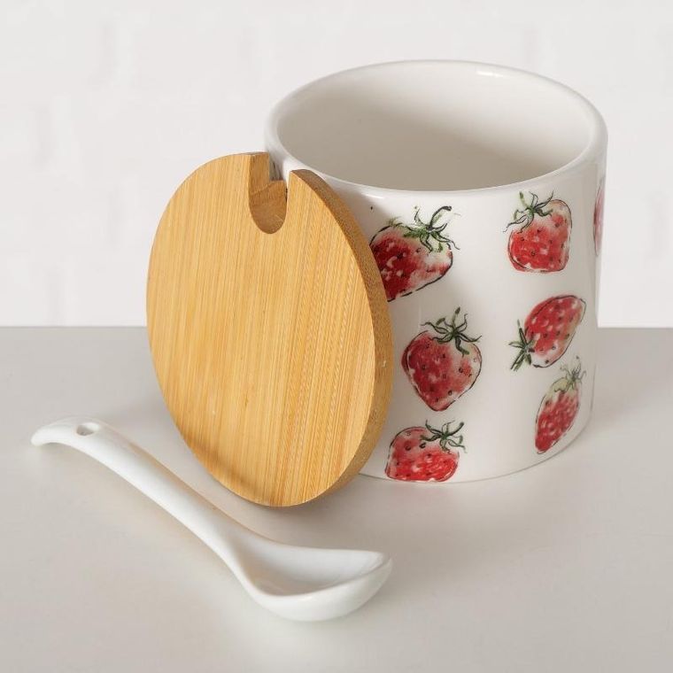 Boltze Home, ceramiczny pojemnik z łyżką i bambusową pokrywą, strawberry