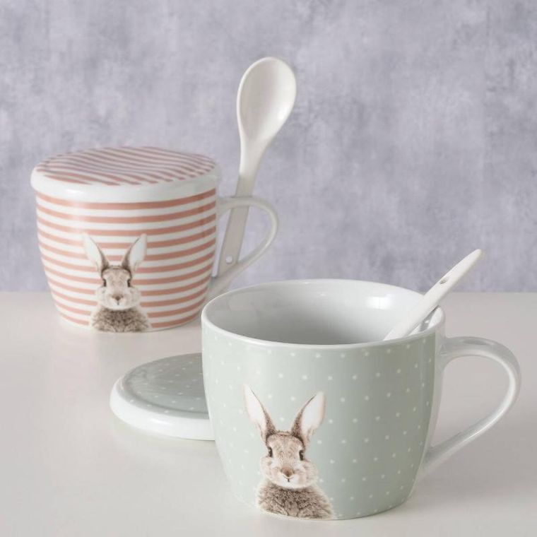 Boltze Home, kubek z pokrywką i z łyżeczką, Fluffy, porcelanowy, zajączek, 600 ml