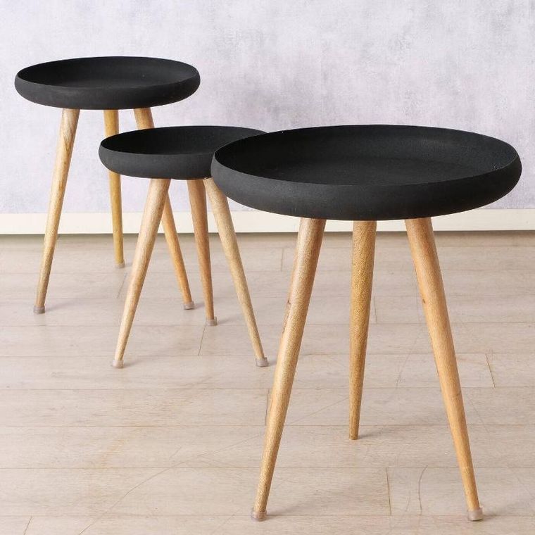 Boltze Home, stoliki kawowe loftowe z czarnym blatem i nogami z drewna mango, Masdour, 3 szt.