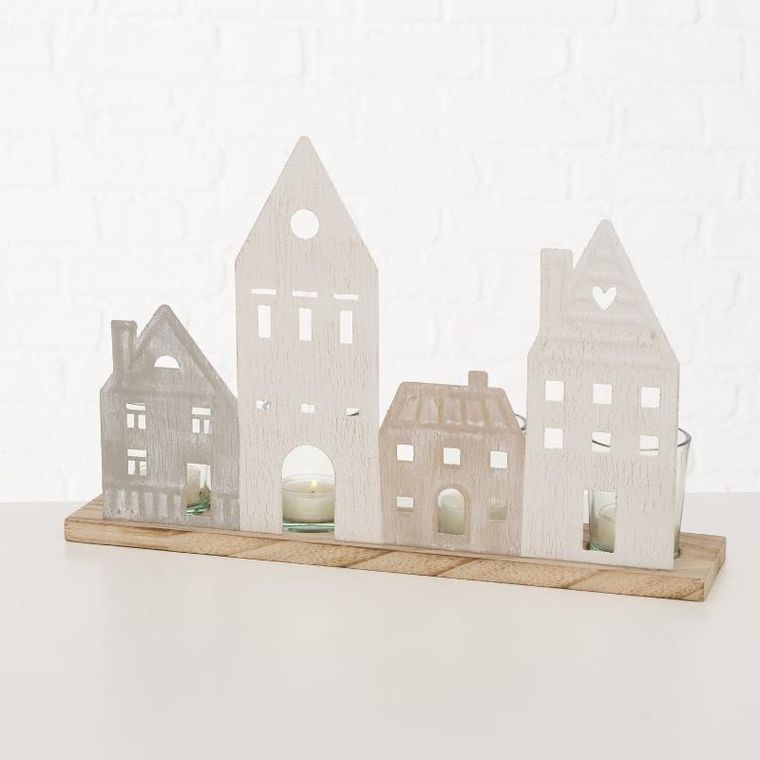 Boltze Home, świecznik na podgrzewacze, drewniane kamienice, Nordy, 24-36 cm