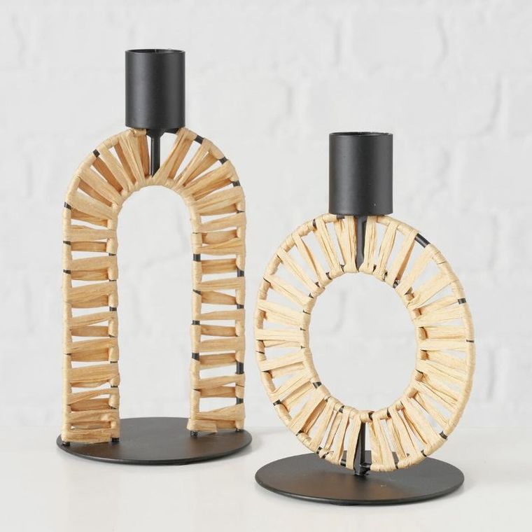 Boltze, metalowy świecznik ze słomkową plecionką, Toke, 16 cm