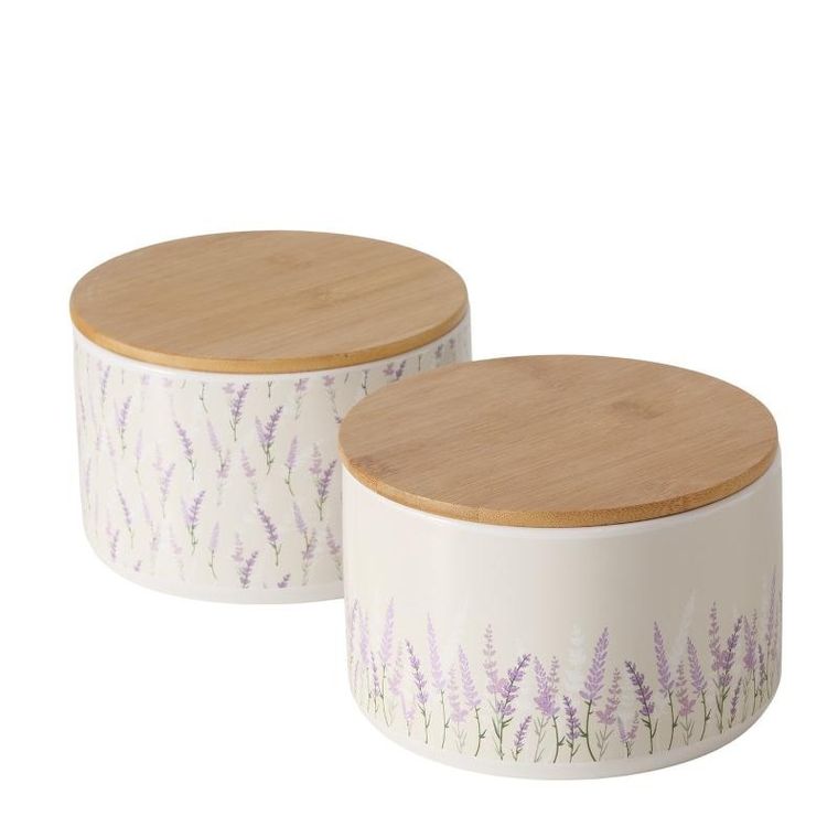 Boltze, pojemnik ceramiczny lavander z bambusową pokrywą, średnica 16 cm