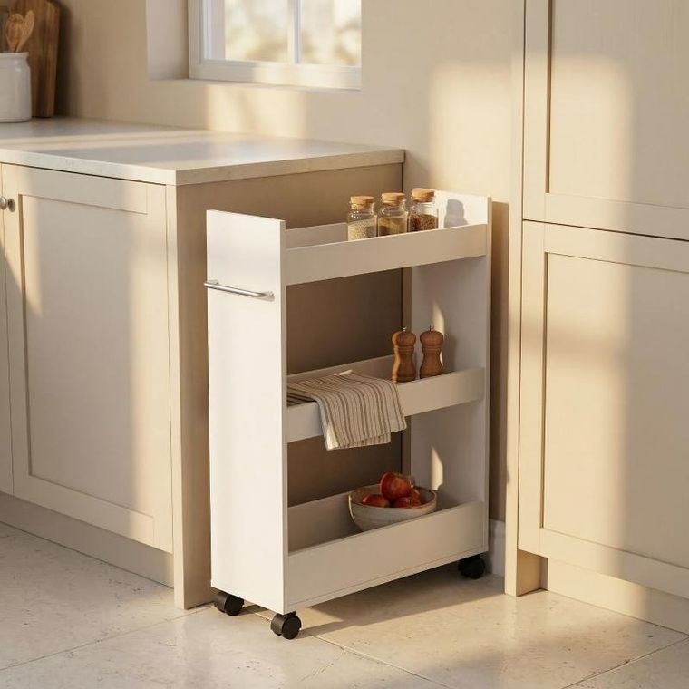Boximo, Movo, wąski regał kuchenny na kółkach, trzy półki, 60-79-22 cm